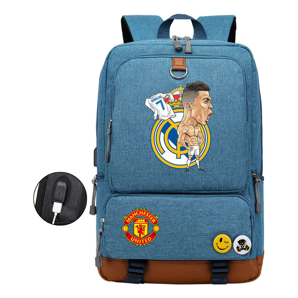 Football Star Cristiano Ronaldo Printed Usb Youth Student Backpack For Boys And Girls Leisure Travel Backpack