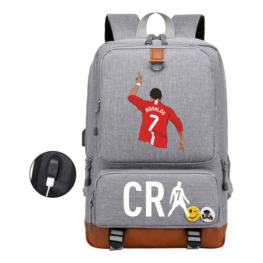 Football Star Cristiano Ronaldo Printed Usb Youth Primary And Secondary School Backpack For Boys And Girls Leisure Travel Backpack
