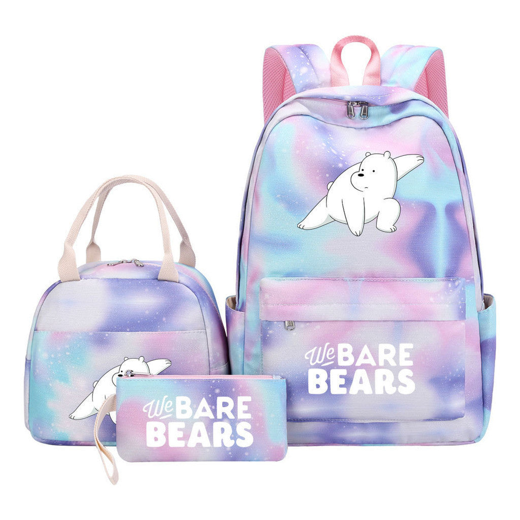 Cartoon Cute Three Bears Youth Student Girls School Bag Lunch Bag Three Piece Set Backpack Set