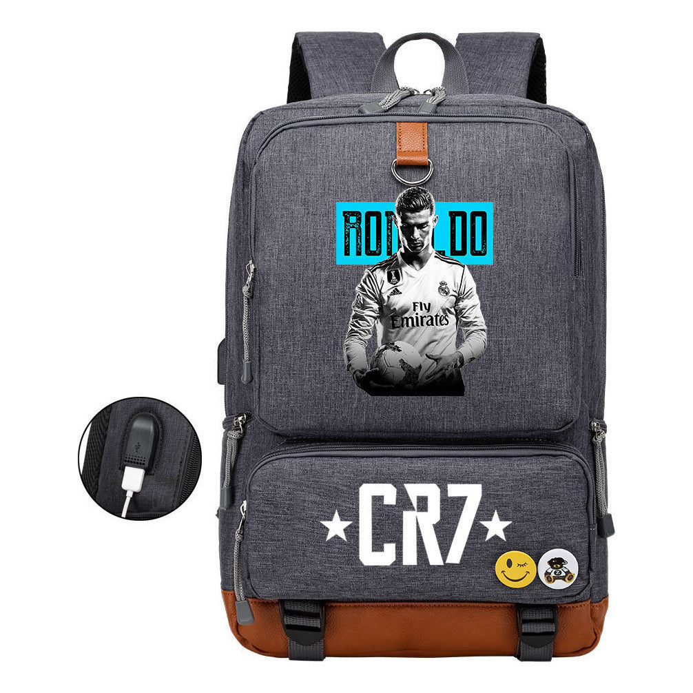 Football Star Cristiano Ronaldo Printed Usb Youth Primary And Secondary School Backpack For Boys And Girls Leisure Travel Backpack