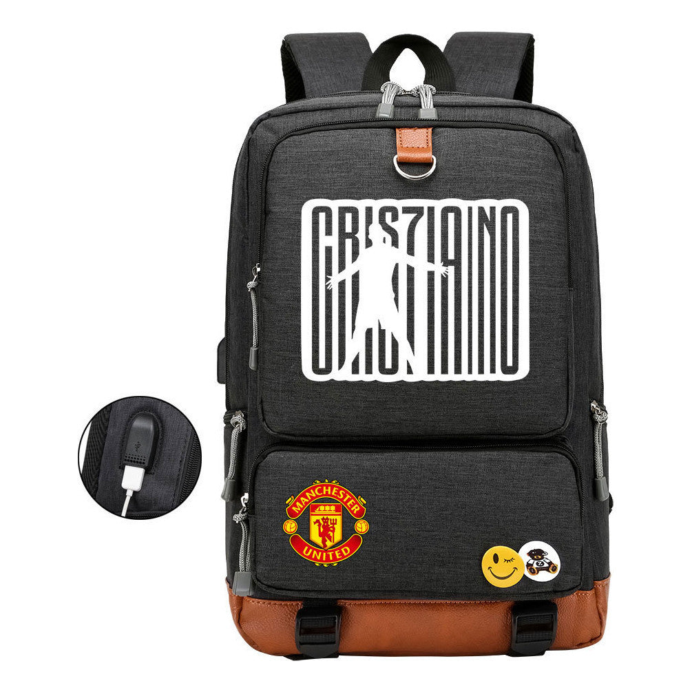Football Star Cristiano Ronaldo Printed Usb Student Backpack For Leisure Travel Backpack