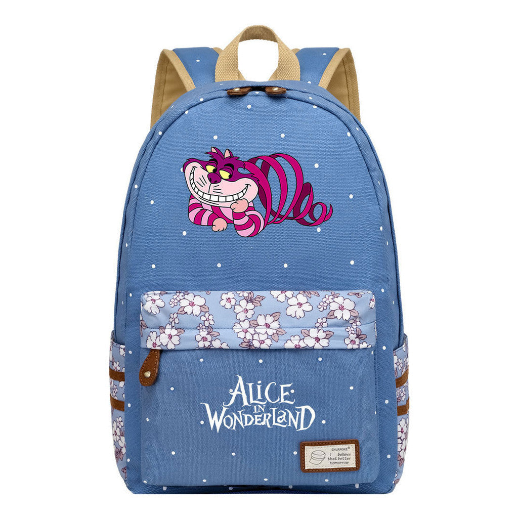 Anime Cartoon Cheshire Cat Print Student Backpack, Floral Casual Backpack