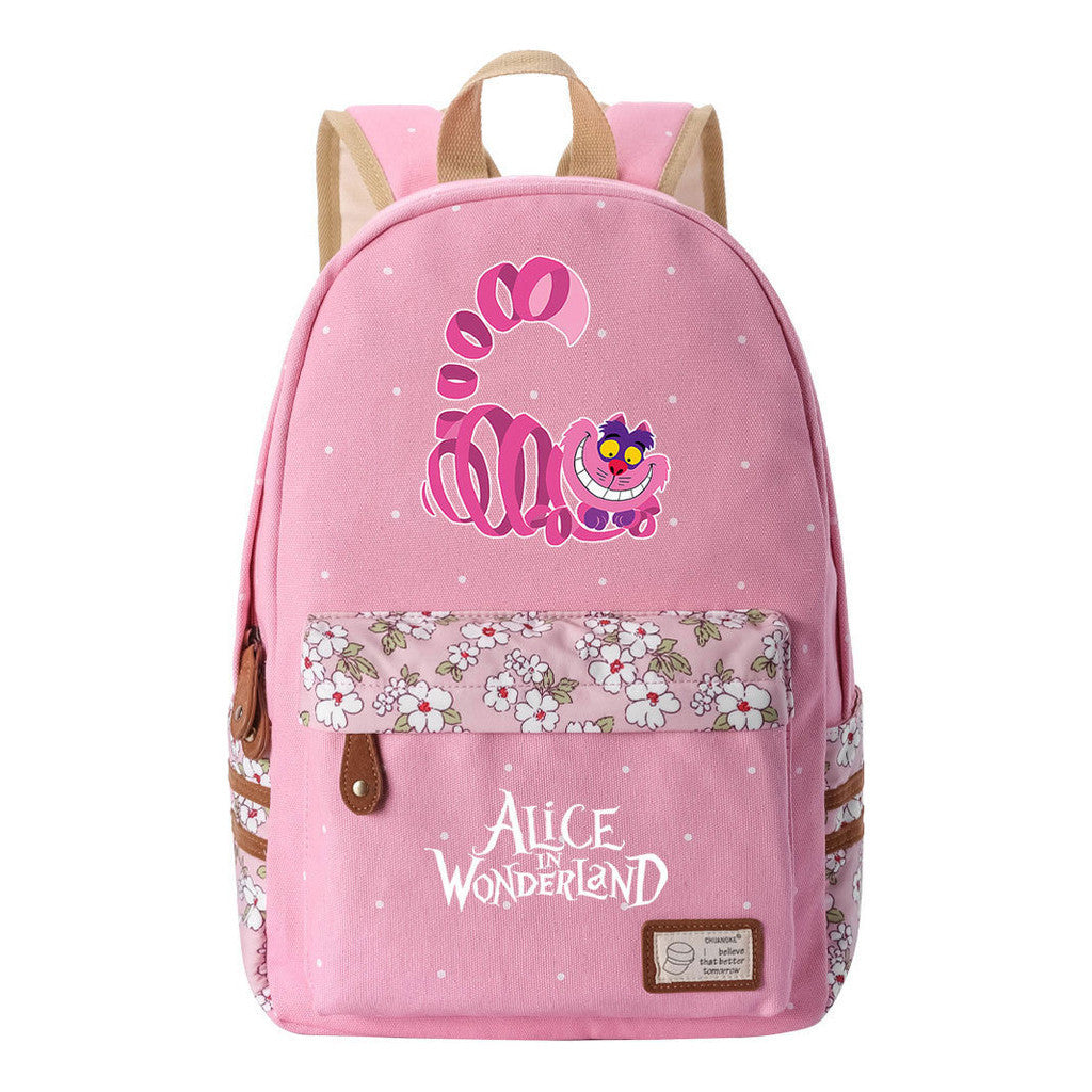 Anime Cartoon Cheshire Cat Print Student Backpack, Floral Casual Backpack