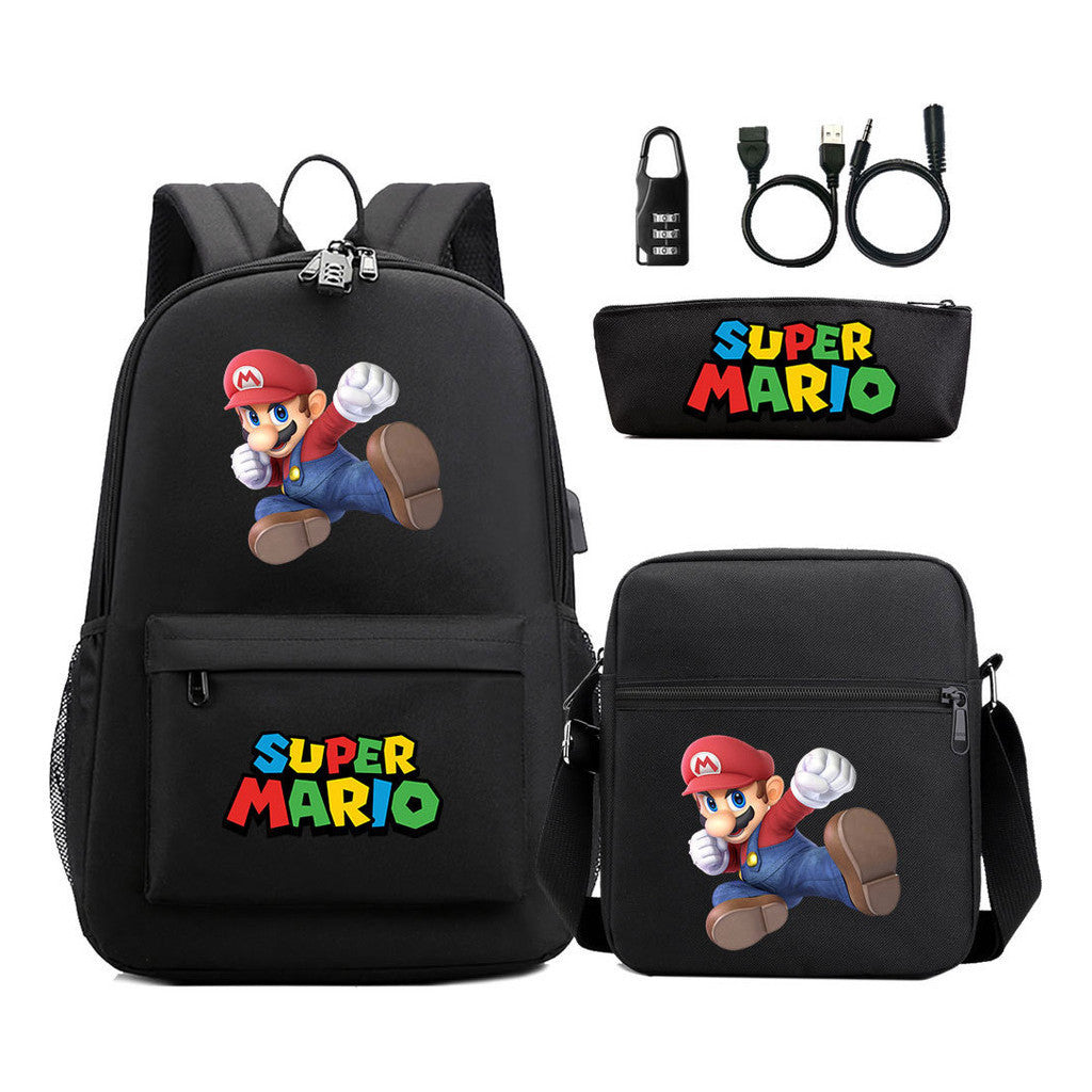 Super Mario Usb Password Lock Youth Student Backpack 3-piece Set For Men And Women Backpacks