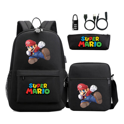 Super Mario Usb Password Lock Youth Student Backpack 3-piece Set For Men And Women Backpacks