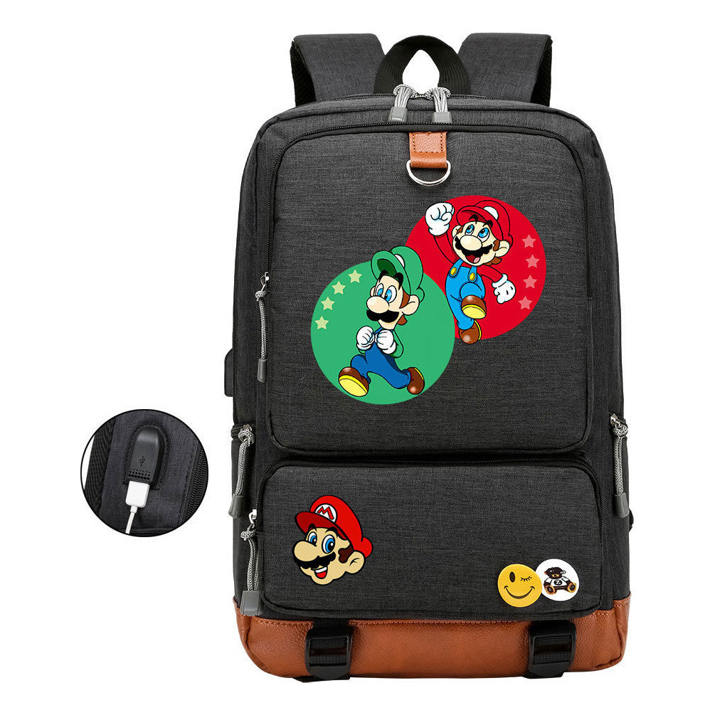 Super Mario Printed Usb Youth Student Backpack For Leisure Travel Backpack