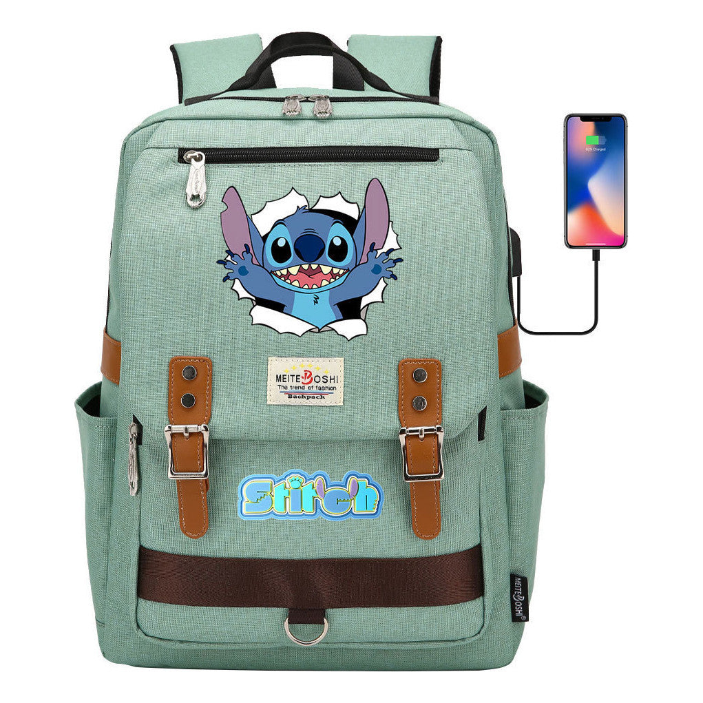 Anime Star Baby Stitch Printed Youth Student School Bag Casual Magnetic Buckle Backpack