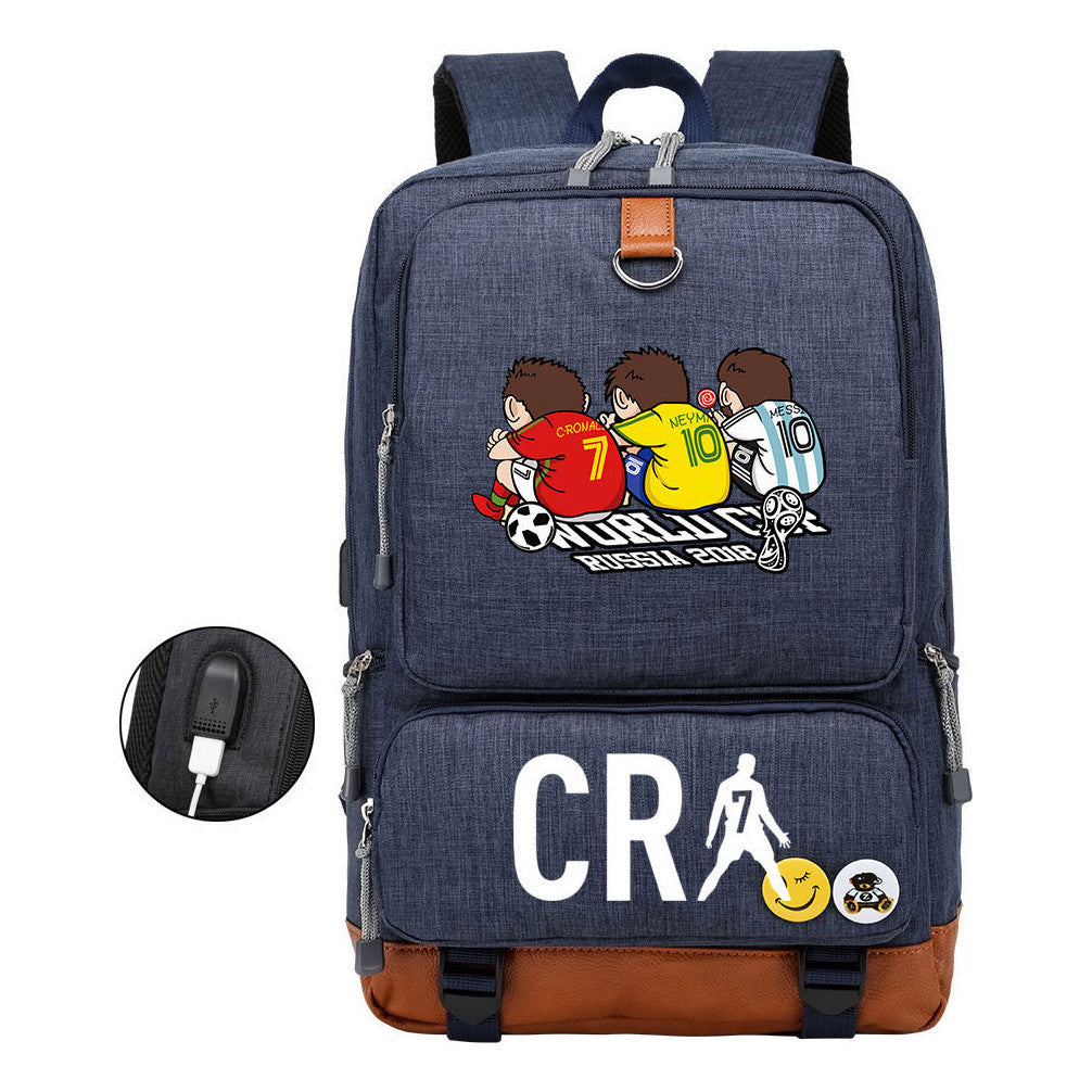 Football Star Cristiano Ronaldo Printed Usb Youth Student Backpack For Leisure Travel Backpack