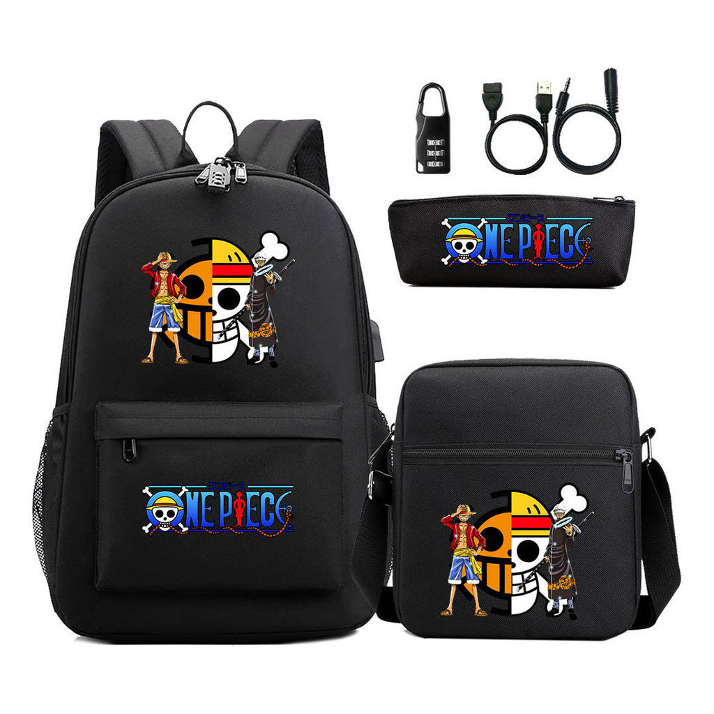 Cartoon Pirate King Usb Password Lock Youth Student Backpack Three Piece Set Backpack
