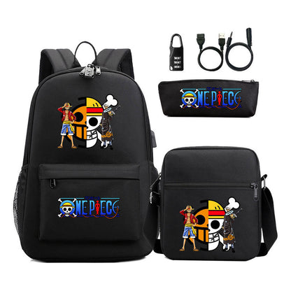 Cartoon Pirate King Usb Password Lock Youth Student Backpack Three Piece Set Backpack
