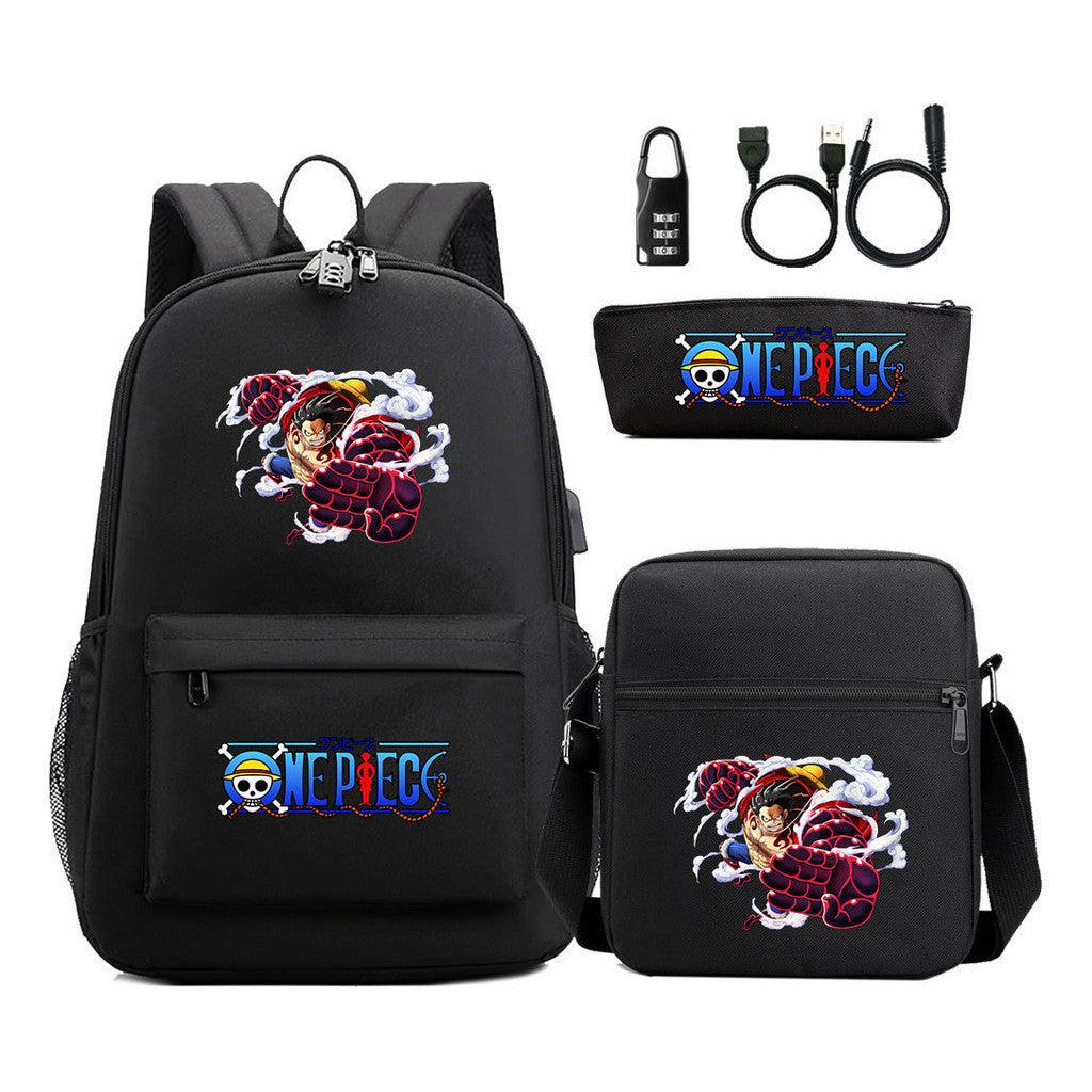 Cartoon Pirate King Usb Password Lock Youth Student Backpack Three Piece Set Backpack