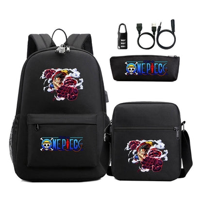 Cartoon Pirate King Usb Password Lock Youth Student Backpack Three Piece Set Backpack