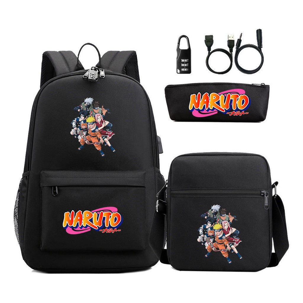 Naruto Usb Password Lock Youth Student Backpack Three Piece Set Backpack Set