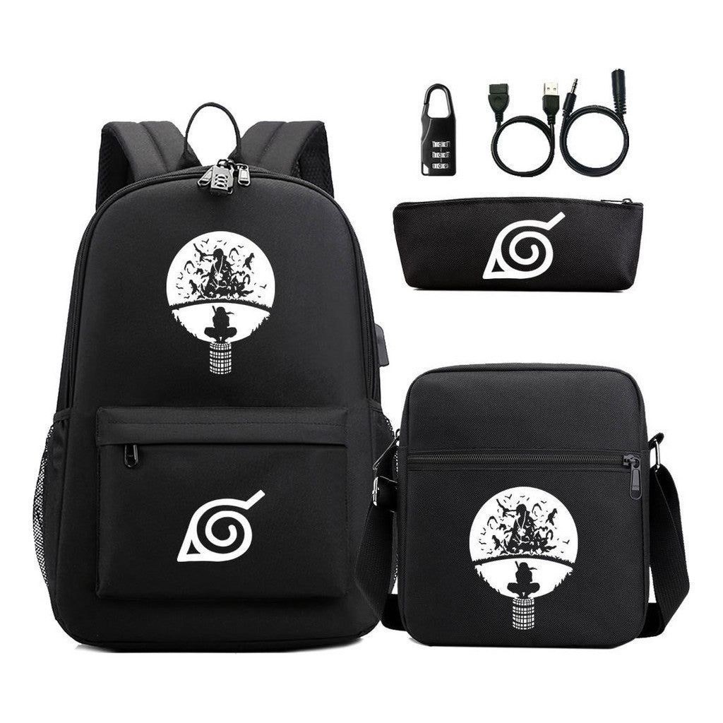 Fashionable Naruto Usb Password Lock Youth Student School Bag Three Piece Backpack Set