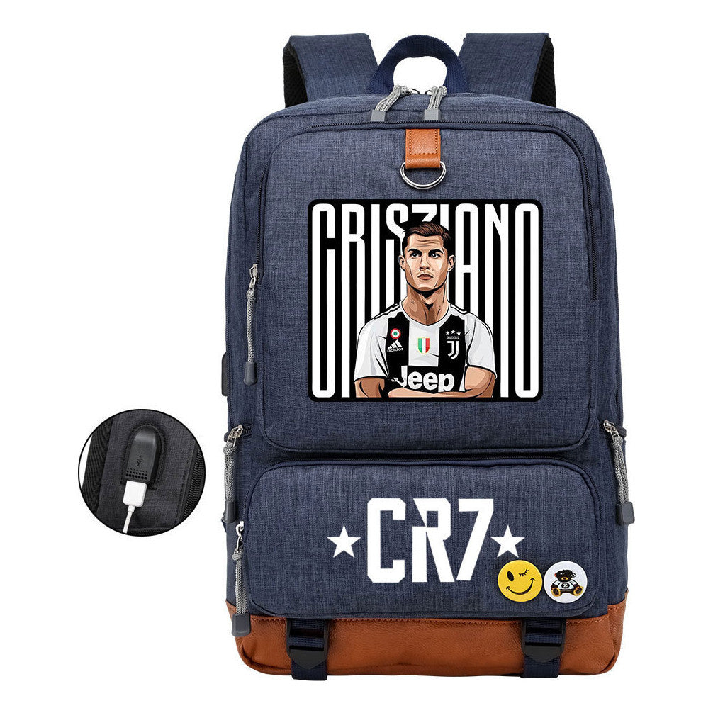 Football Star Cristiano Ronaldo Printed Usb Student Backpack For Leisure Travel Backpack