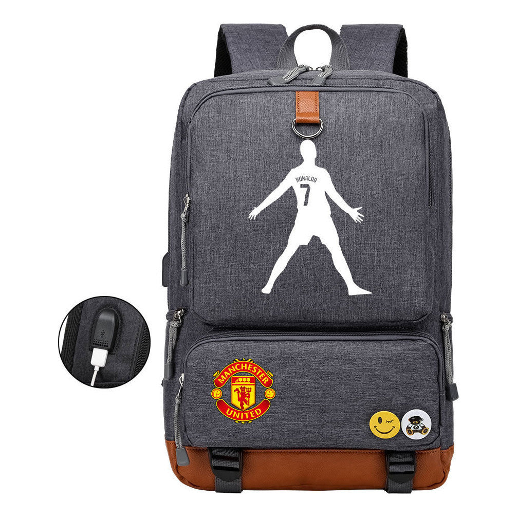 Football Star Cristiano Ronaldo Printed Usb Student Backpack For Leisure Travel Backpack