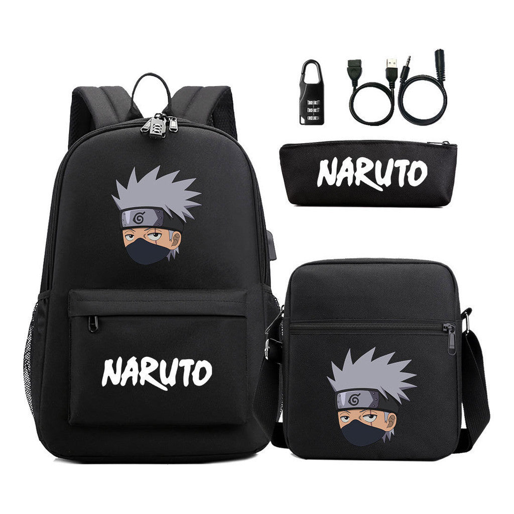 Naruto Usb Password Lock Youth Student Backpack Three Piece Set For Men And Women Backpack Set