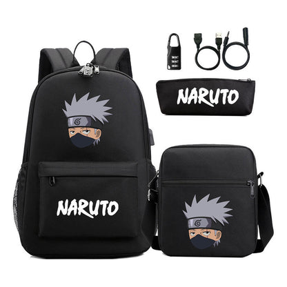 Naruto Usb Password Lock Youth Student Backpack Three Piece Set For Men And Women Backpack Set