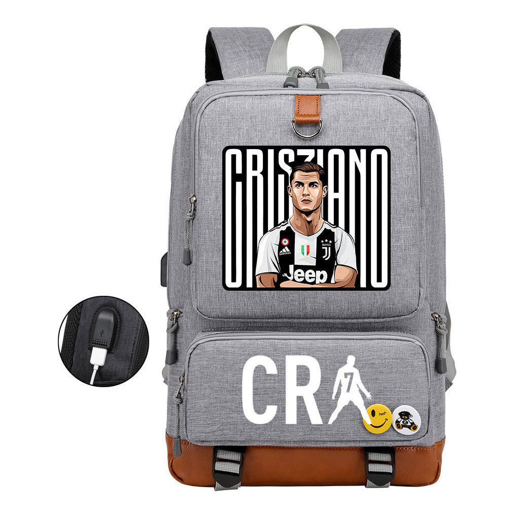 Football Star Cristiano Ronaldo Printed Usb Youth Primary And Secondary School Backpack For Boys And Girls Leisure Travel Backpack