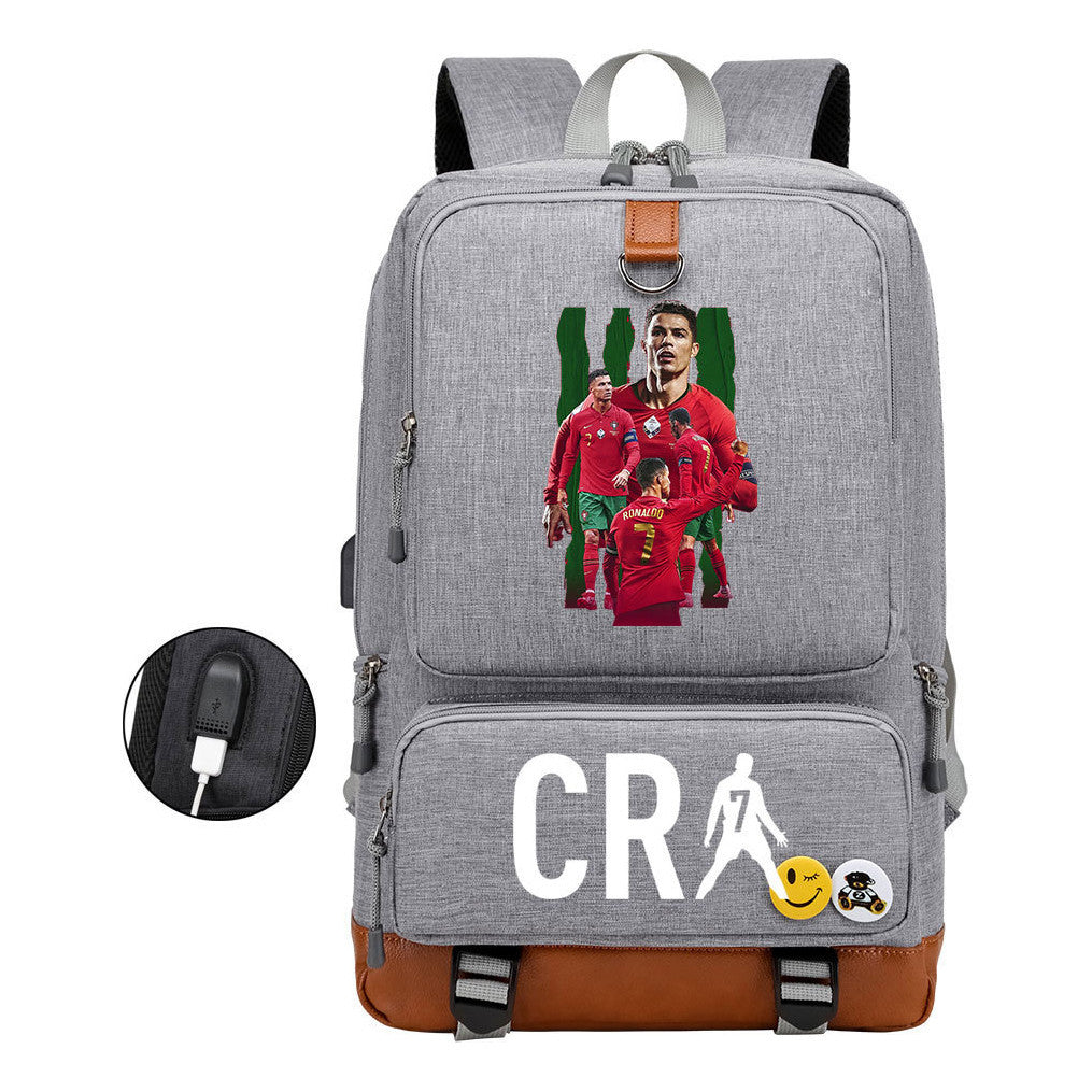 Football Star Cristiano Ronaldo Printed Usb Youth Primary And Secondary School Backpack For Boy And Girl's Leisure Travel Backpack