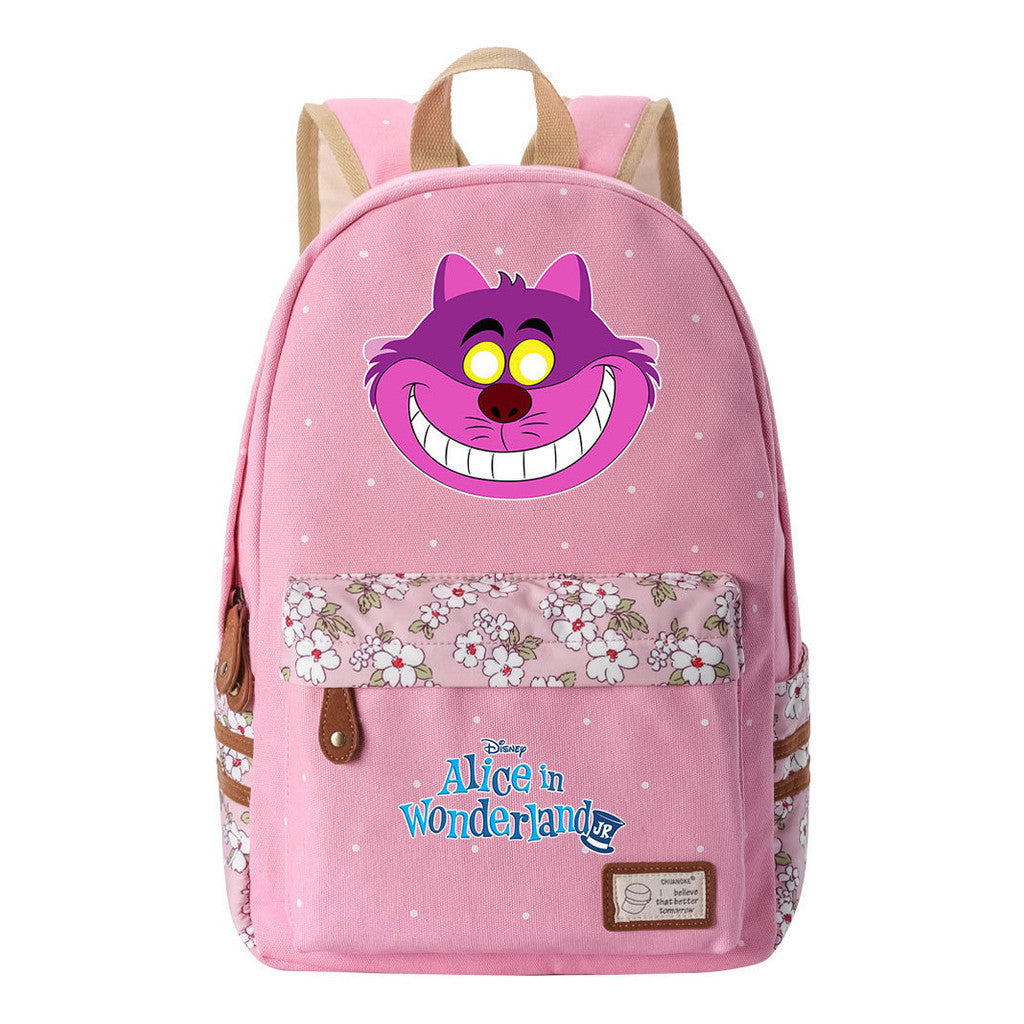 Anime Cartoon Cheshire Cat Print Youth Student Backpack With Floral Casual Backpack