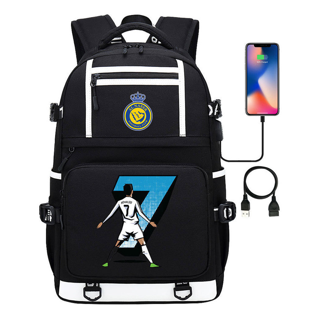 Football Star Cristiano Ronaldo Printed Usb Youth Student Backpack For Men And Women, Backpack For Leisure Travel