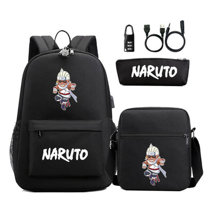 Naruto Usb Password Lock Youth Student Backpack Three Piece Set For Men And Women Backpack Set