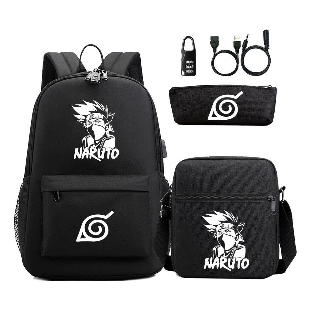 Fashionable Naruto Usb Password Lock Youth Student School Bag Three Piece Backpack Set