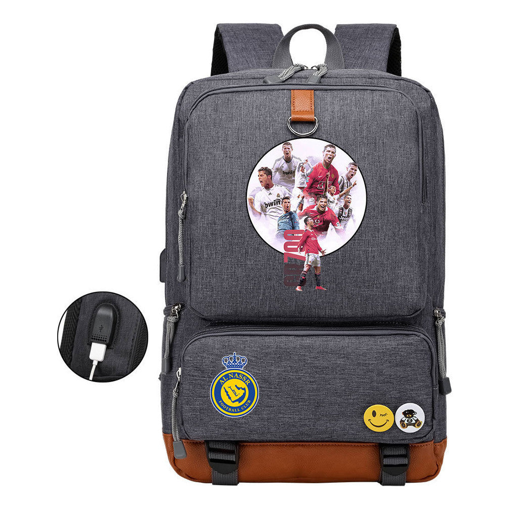 Football Star Cristiano Ronaldo Printed Usb Student Backpack Leisure Travel Backpack