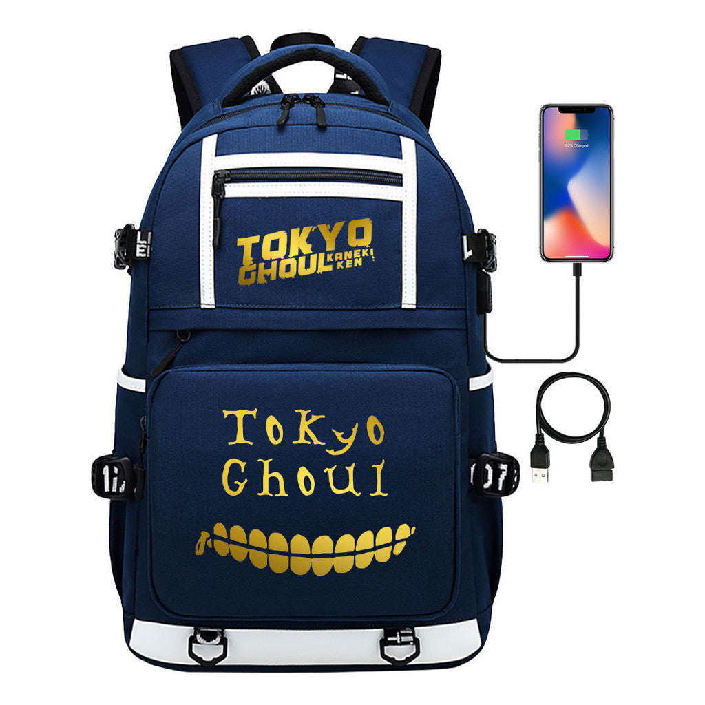 Golden Anime Tokyo Ghoul Print Usb Youth Student Backpack For Men And Women Leisure Travel Backpack