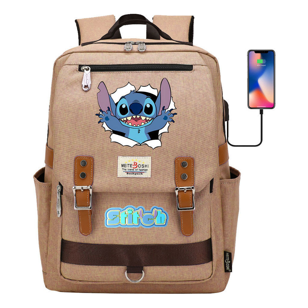 Anime Star Baby Stitch Printed Youth Student School Bag Casual Magnetic Buckle Backpack