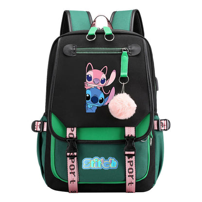 Interstellar Baby Stitch Usb Student Backpack With Casual Woven Strap Flap Backpack