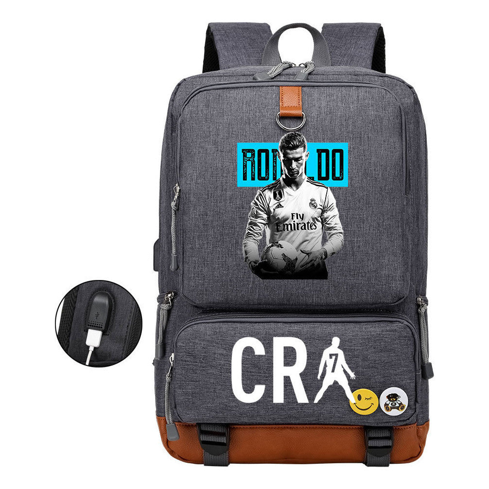 Football Star Cristiano Ronaldo Printed Usb Youth Primary And Secondary School Backpack For Boy And Girl's Leisure Travel Backpack