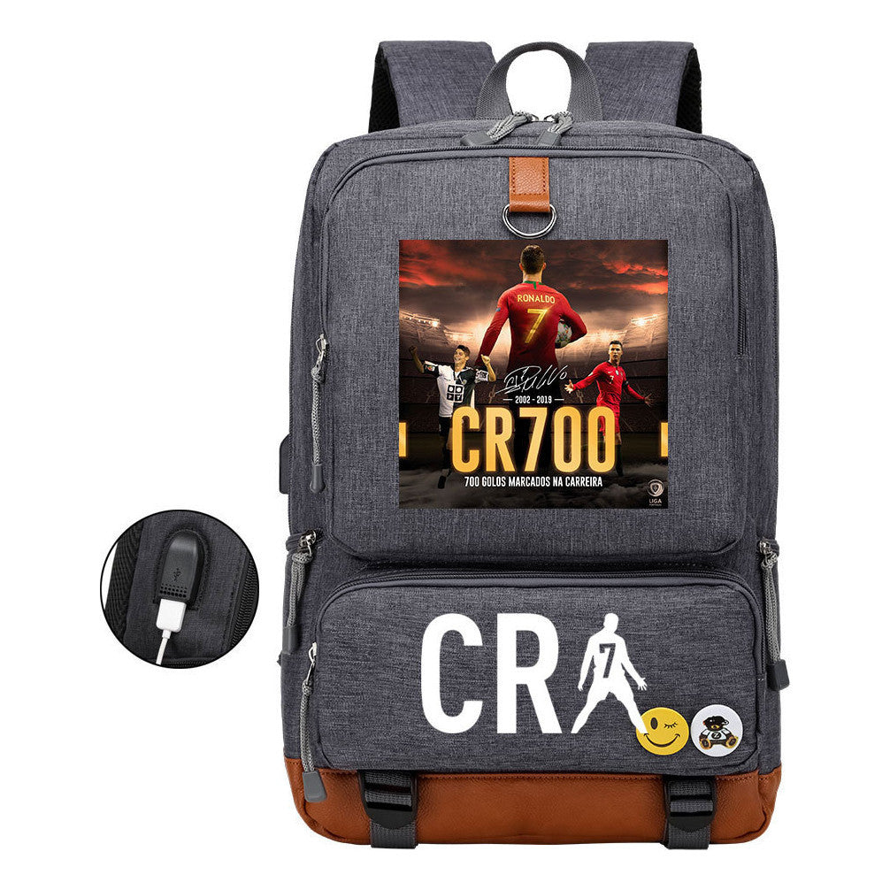 Football Star Cristiano Ronaldo Printed Usb Student Backpack For Leisure Travel Backpack