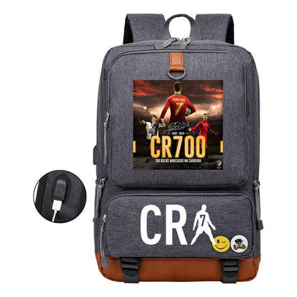 Football Star Cristiano Ronaldo Printed Usb Student Backpack For Leisure Travel Backpack