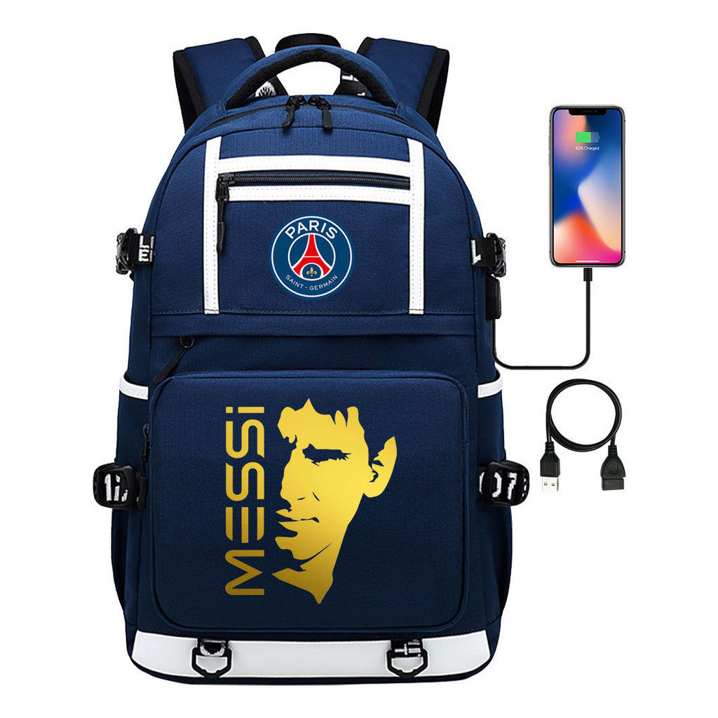 Gold Sports Football Star Printed Usb Youth School Bag Backpack Leisure Travel Backpack