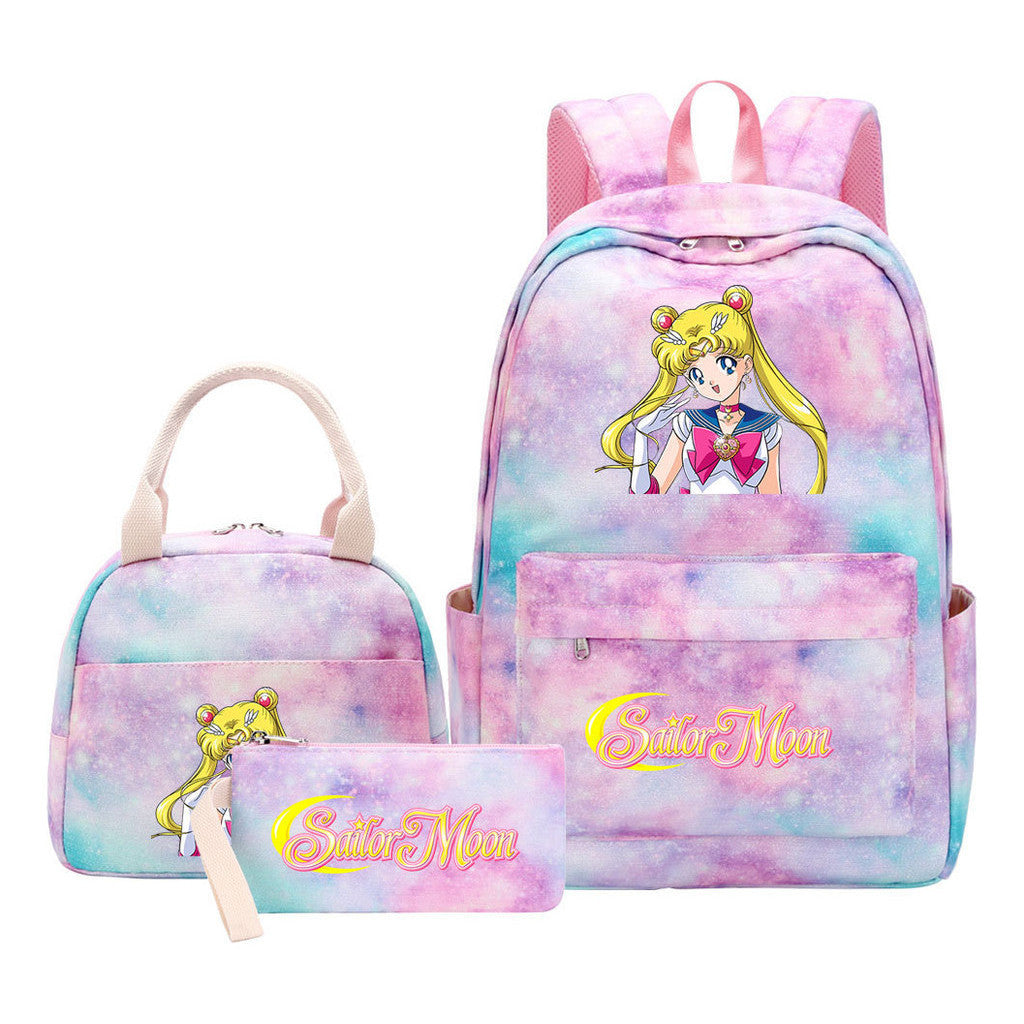 Anime Beauty Girl Warrior Youth Student Girl Schoolbag Lunch Bag Three Piece Set Backpack Set