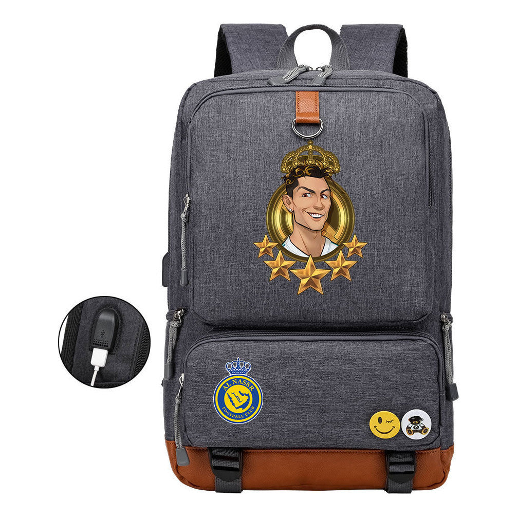 Football Star Cristiano Ronaldo Printed Usb Youth Student Backpack For Leisure Travel Backpack