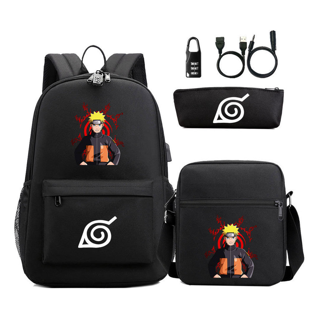 Fashionable Naruto Usb Password Lock Youth Student School Bag Three Piece Backpack Set