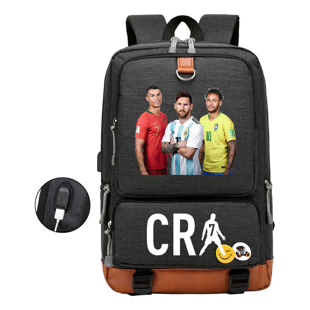 Football Star Cristiano Ronaldo Printed Usb Student Backpack For Leisure Travel Backpack