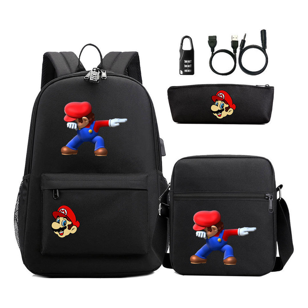 Super Mario Usb Password Lock Youth Student Backpack 3-piece Set For Men And Women Backpacks