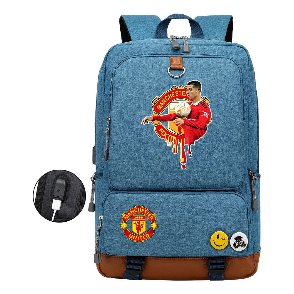Football Star Cristiano Ronaldo Printed Usb Youth Student Backpack For Leisure Travel Backpack
