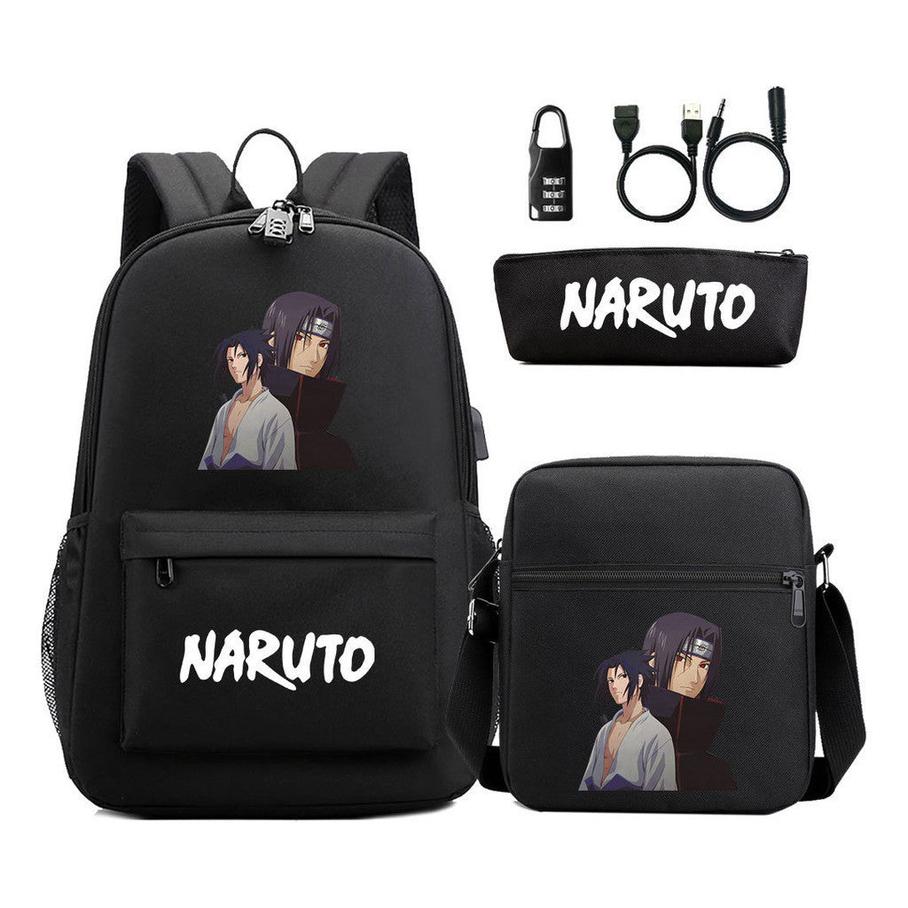 Naruto Usb Password Lock Youth Student Backpack Three Piece Set For Men And Women Backpack Set