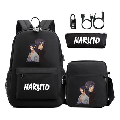 Naruto Usb Password Lock Youth Student Backpack Three Piece Set For Men And Women Backpack Set