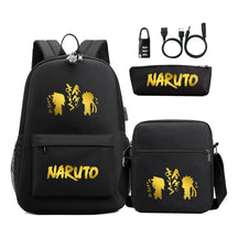 Golden Naruto Usb Password Lock Teenage Student School Bag Three Piece Backpack Set