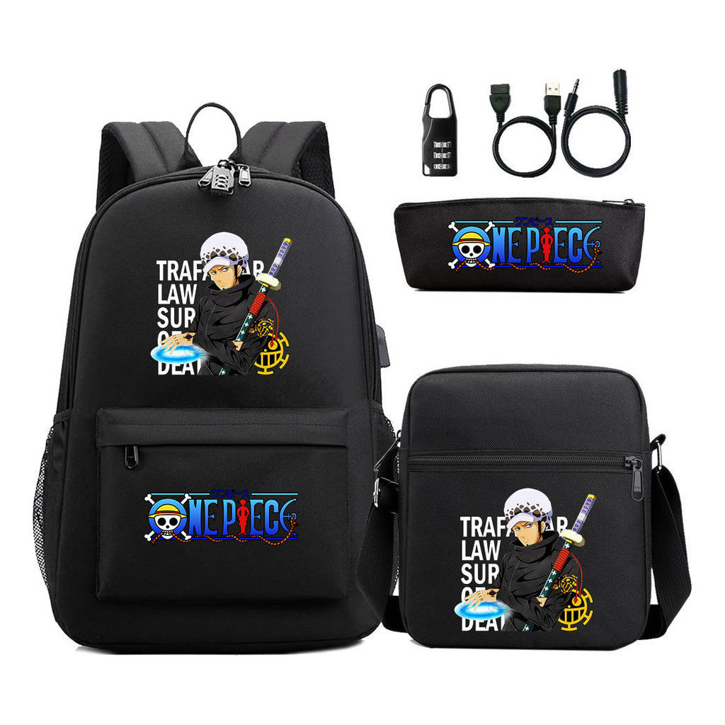 Cartoon Pirate King Usb Password Lock Youth Student Backpack Three Piece Set Backpack