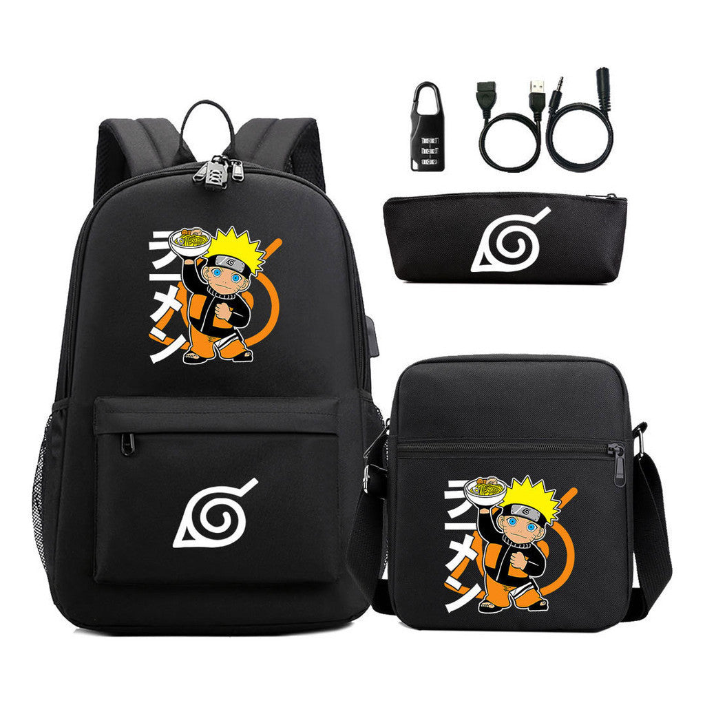 Naruto Usb Password Lock Backpack Three Piece Set For Men And Women Backpack Set