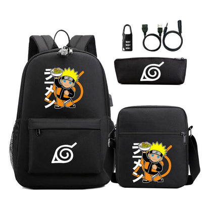 Naruto Usb Password Lock Backpack Three Piece Set For Men And Women Backpack Set