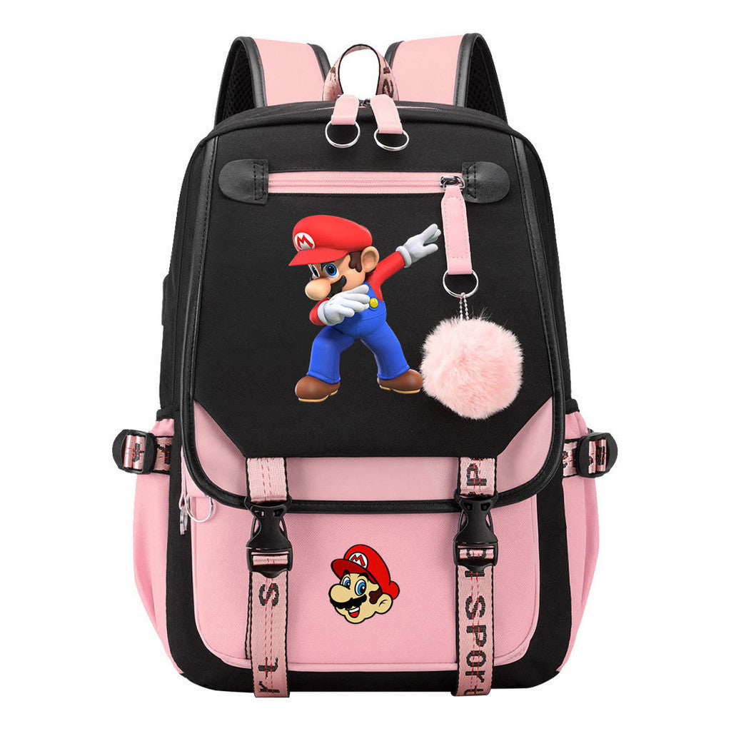 Super Mario Printed Usb Backpack Casual Woven Strap Flip Back Backpack