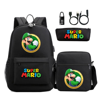 Super Mario Usb Password Lock Youth Student Backpack 3-piece Set For Men And Women Backpacks